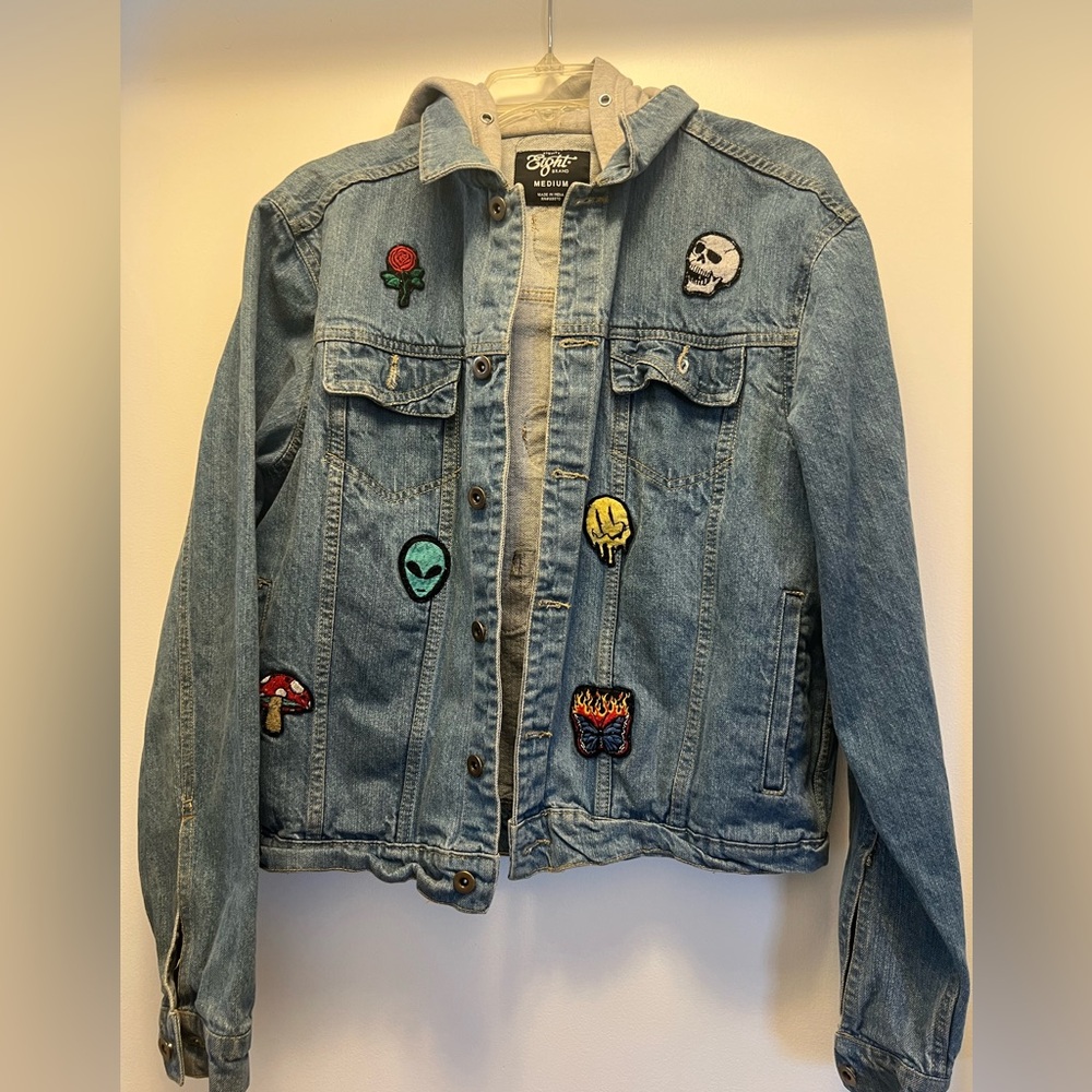 Eight 8 brand, Patch Denim Hoodie Jean Jacket Sz M